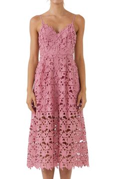 Floral lace embroidery beautifully covers the fit-and-flare silhouette of a sleeveless midi dress with scalloped trim and hidden pockets at the sides. 100% polyester Hand wash, dry flat Imported A-line Lace Midi Dress With Scalloped Lace, A-line Midi Dress With Scalloped Lace, Pink Lace Midi Dress With Scalloped Lace, Pink Midi Lace Dress With Scalloped Lace, Pink Midi Lace Dress With Scalloped Detail, Pink Midi-length Lace Dress With Scalloped Lace, Chic A-line Midi Dress With Scalloped Lace, Sleeveless Scalloped Lace Dress For Spring, Sleeveless Scallop Lace Midi Party Dress