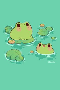 two frogs floating in the water with lily pads on their backs, and one frog is swimming