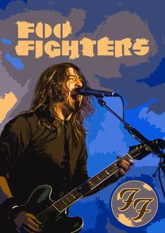 a man with long hair playing a guitar in front of a microphone and the words foo fighters on it