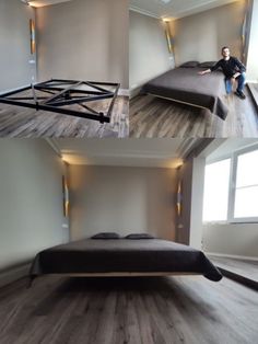 there are two pictures of a man sitting on a bed in the middle and bottom