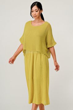 Raw Moda Italian Top Bottom Cotton Dress Dress Raw Moda One Size Mustard Summer Cotton Midi Dress With Crew Neck, Crew Neck Cotton Beach Dress, Cotton Crew Neck Beach Dress, Cotton Crew Neck Midi Dress For Summer, Crew Neck Cotton Midi Dress For Summer, Spring Yellow Dress With Crew Neck, Yellow Crew Neck Spring Dress, Yellow Crew Neck Dress For Spring, Dress First