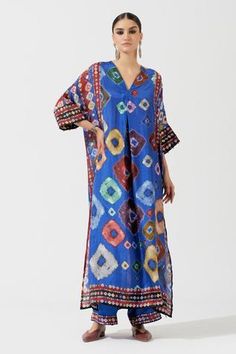 Shop for Rajdeep Ranawat Blue Silk Printed Kurta for Women Online at Aza Fashions Summer V-neck Kurta With Printed Motifs, Blue Printed Kurta For Spring, Spring Blue Printed Kurta, Blue V-neck Kurta For Summer, Blue V-neck Kurta For Spring, Multicolor Printed V-neck Kurta, Summer V-neck Kurta With Block Print, Multicolor V-neck Printed Kurta, Summer V-neck Block Print Kurta