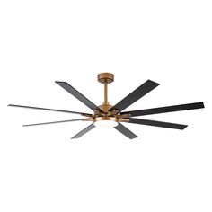 a ceiling fan with four black blades on the top and one light brown in the middle