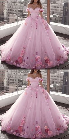 Blush Pink Tulle Off Shoulder Ball Gown Wedding Dresses Floral Flowers Beaded  #wedding Wedding Dresses Floral, Tulle Ball Gown Wedding Dress, Off Shoulder Ball Gown, Quinceñera Dresses, Dress Quinceanera, Pretty Quinceanera Dresses, 파티 드레스, Quinceanera Dress, Tulle Ball Gown