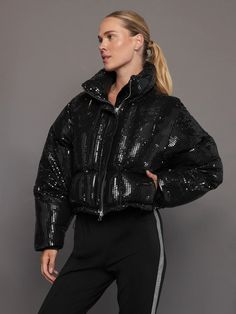 Disco Puffer Jacket - Black – Carbon38 Trendy Sequined Outerwear For Party Season, Glamorous Sequin Outerwear For Party Season, Glamorous Contrast Sequin Outerwear For Party Season, Glamorous Winter Outerwear For Night Out, Glamorous Winter Outerwear With Contrast Sequin, Black Sequined Outerwear For Party Season, Fall Sequined Outerwear For Night Out, Winter Black Outerwear With Contrast Sequin, Black Outerwear With Contrast Sequin For Winter