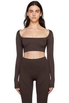 MISBHV: Brown Gaia Top | SSENSE High Stretch Top In Recycled Polyester, Fitted Brown Tops With Seamless Collar, Brown Fitted Jacquard Knit Top, Fitted Brown Jacquard Knit Top, Compressive Seamless Elastane Top, Brown Stretch Athleisure Top, Fall Nylon Workout Top, Seamless Stretch Recycled Polyester Tops, High Stretch Nylon Tops With Seamless Construction