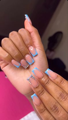 Pretty Back To School Nails, Sky Blue Nails Short Square, Short Blue Green Nails, Cute Sky Blue Nail Ideas, Light Blue And White French Tip Nails, Short Dark Blue French Tip Nails, Neon Blue Nails French Tips, Nail Ideas Blue And Pink, Back To School Nails Black People