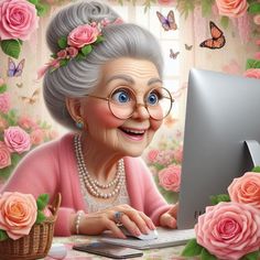 an old lady is typing on her computer surrounded by pink roses and butterflies in the background