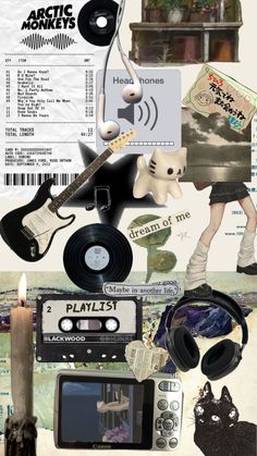 a collage of various items including an old record player, headphones and a candle