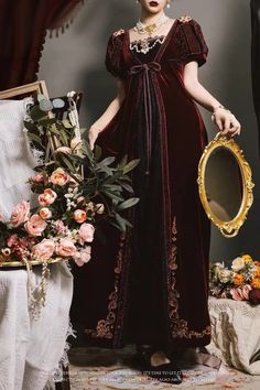 REGENCY GOTHIC BURGUNDY VELVET BALL GOWN - BRIDGERTON DRESS PLUS SIZE - REGENCY DAY DRESS Regency Day Dress, Velvet Ball Gown, Regency Dress, Regency Fashion, Corset Back, Burgundy Velvet, Historical Dresses, Day Dress, Dress Plus Size