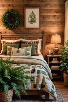 a bed room with a neatly made bed and potted plants on the nightstands