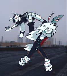 an animated image of two people dancing in the middle of a cityscape with buildings in the background