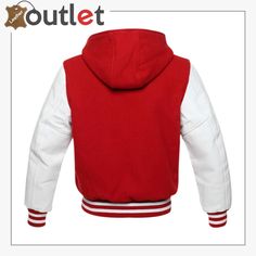 Red Hoodie Varsity Jacket Color: Red + WhiteMaterial: Wool + LeatherInner Viscose LiningHoodie CollarRib Knitted CuffsLeather SleeveButton ClosureInside And Outside Pockets