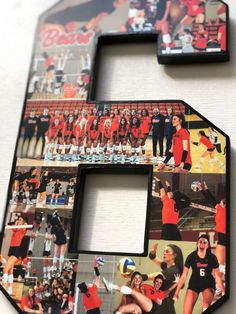 the letter e is made up of photos of women's volleyball players and their families