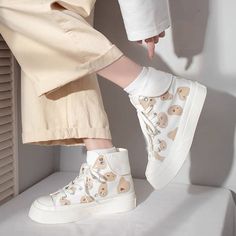 Lightweight construction with breathable mesh fabric provides a comfortable and flawless fit. Cute White Shoes, Cow Print Canvas, Korean Colors, Sneakers High Top, Canvas Shoes Women, Top Cute, Bear Print, Baby Bear, Cute Bears