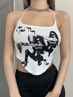 ⚡️Buy Printed Halter Ribbed Crop Cami Top White M under $11.00 in Tops&Tees Online. Style: Street/Y2K/Sexy/Punk/Hip Pop/Grunge. Fabric Content: Polyester Blend. Fit Type: Slim fit. Neckline: Halter Neck. Sleeve Length: Sleeveless. : Made from soft rib fabric, these vintage printed crop tops shaped to a fitted silhouette, feature an adjustable halter tie neckline, with a curvy hem design.. ✓Free Shipping on all orders over US$69. Punk Style Outfits, Street Y2k, Crop Cami Top, Outfits Y2k, Cropped Cami, Cami Crop Top, Print Crop Tops, Dream Clothes, Cami Top