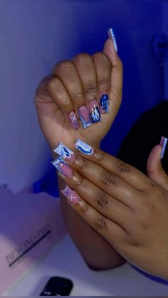 Birthday Acrylic Nails Medium Length, Medium Birthday Acrylic Nails, Medium Length Blue Nails, Kaws Nails Blue, Baddie Blue Nails, Blue Kaws Nails, Blue Medium Nails, Blue Nails Medium Length, Medium Length Acrylic Nails Designs