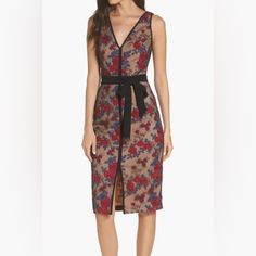 “Richly Colored Embroidered Flowers Illustrate This Tailored-Fit Sheath Crafted In Layers To Bring Depth And Dimensionality To The Simple And Elegant Style.” Xl = 12 For This Dress Formal Floral Embroidery V-neck Midi Dress, Formal V-neck Midi Dress With Floral Embroidery, Floral Embroidery Midi Dress For Night Out, Midi Length Floral Embroidery Dress For Night Out, Formal Floral Embroidered Midi Dress With V-neck, Floral Embroidered Midi Dress For Night Out, Red Embroidered Fitted Midi Dress, Fitted Red Embroidered Midi Dress, Floral Embroidered Midi Dress For Date Night