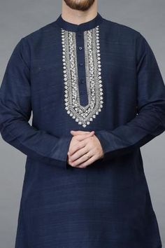 Shop for Talking Threads Blue Pure Matka Silk Asymmetric Kurta for Men Online at Aza Fashions Men Embroidery Kurta Design, Panjabi Design, Dawoodi Bohra, Junaid Khan, Kurta Embroidery, Tilla Embroidery, Asymmetric Kurta, Waistcoat Designs, Gents Kurta Design