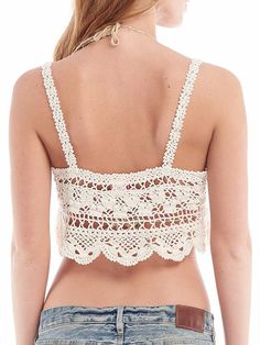 Bohemian Cropped Lace Crochet Top, Feminine Fitted Crochet Top With Crochet Trim, Fitted Feminine Crochet Top With Crochet Trim, Beach Crochet Top In Cotton Lace, Beach Cotton Lace Crochet Top, Feminine Lace Crochet Top For Vacation, Fitted Lace Top With Crochet Trim For Beach, Feminine Crochet Top With Lace Trim For Beach, Fitted Beige Crochet Top With Crochet Trim