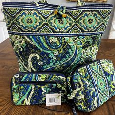 Vera Bradley Rhythm And Blues Tote Bag, Makeup Bag And Wallet. Tote: 13” Height 14” Width 12” Depth Makeup Bag: 6 1/2” Height 8” Width 5 1/2” Depth Blue Bag With Zipper Pouch For Daily Use, Blue Rectangular Bag With Zipper Pouch, Blue Rectangular Shoulder Bag With Zipper Pouch, Blue Tote Shoulder Bag With Cell Phone Pocket, Blue Tote Bag With Cell Phone Pocket, Blue Travel Shoulder Bag With Zipper Pouch, Blue Bag With Zipper Pouch For Everyday Use, Jazz Sheet Music, Blues Piano