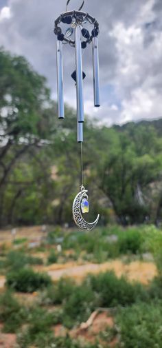 a wind chime hanging from the side of a tree in front of a cloudy sky