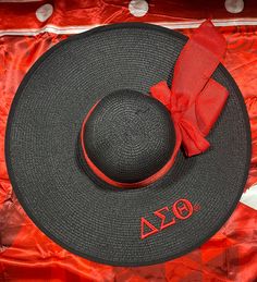 Floppy Hat DST with Greek Symbols Elegant Red Sun Hat For Beach, Elegant Flat Brim Hat As Gift, Elegant Red Straw Hat For The Beach, Elegant Red Straw Hat For Beach, Adjustable Embroidered Party Hat, Black Wide Brim Hat As Gift, Black Wide Brim Hat As A Gift, Formal Black Adjustable Sun Hat, Black Embroidered Summer Hat