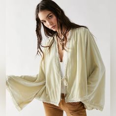 New With Tags! Free People Velvet Bed Jacket - Size Medium - Tag States Color Is Crme. Color Is More Of A Light Sage Cream Green. Pics Are Fairly Accurate Of Color. Cotton Open Front Outerwear For Spring, Bohemian Spring Outerwear For Day Out, Fall Open Front Outerwear For Brunch, Cream Outerwear For Spring Daywear, Beige Long Sleeve Outerwear For Brunch, Beige Open Front Tops For Spring, Bohemian Open Front Outerwear For Brunch, Spring Bohemian Daywear Outerwear, Long Sleeve Summer Outerwear For Brunch