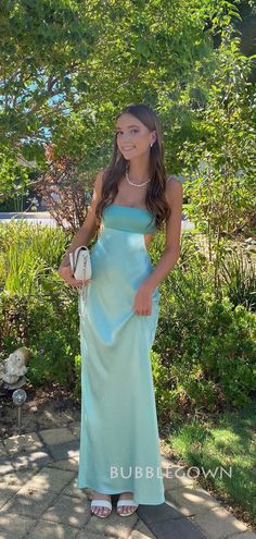 Cute Open Back Dresses, Pretty Silk Dresses, Silky Prom Dresses, Seafoam Green Prom Dress, Light Green Prom Dress Long, Silk Dresses Aesthetic, Blue Silk Prom Dress, Dresses For Hoco, Light Blue Dress Formal