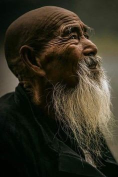 an old man with long white hair and a beard is looking off into the distance