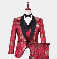 Red And Gold Tuxedo, Ruby Red Wedding, Gold Tuxedo Jacket, Gold Prom Suit, Rose Gold Suit, Red Reception, Mens Swag, Blue Tuxedo Wedding, Gold Tuxedo