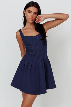 Talisa Pintuck Pleat Waist Mini Dress Dark Blue Dark Blue Dress Casual, Navy Blue Outfits, Dark Blue Mini Dresses, Maxi Denim Dress, Navy Blue Dress Casual, French Accent, Dress Dark Blue, Yellow Bridesmaids, Denim Maxi Dress