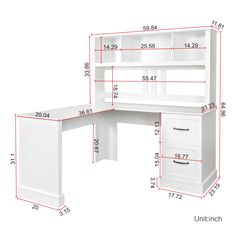 a white desk with measurements for the top and bottom drawers on each side, along with an additional shelf