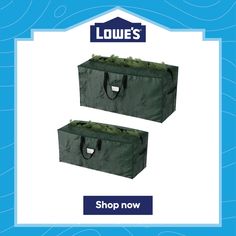 two bags with handles are shown on the front and back of each bag, one is green