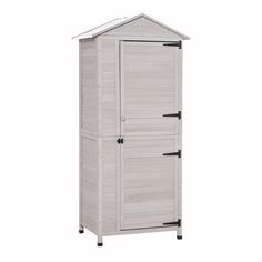 a white wooden storage cabinet with two doors on the front and one door open to reveal a