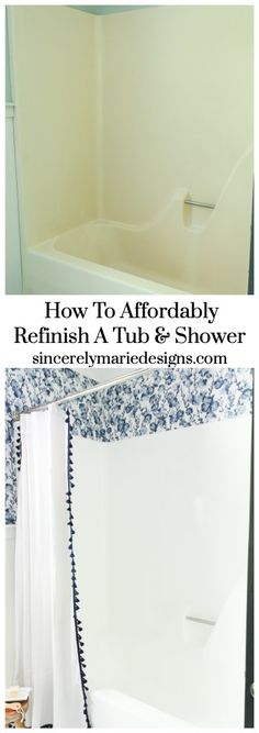 before and after shots of a bathroom remodel with tub, shower curtain, and bathtub