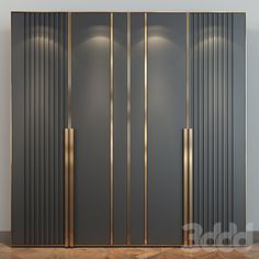 an empty room with two tall black and gold doors