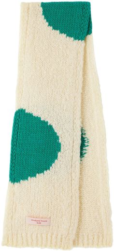 Knit acrylic, wool, and mohair-blend scarf in beige and green. · H7.5 x W50 in · Hand wash Supplier color: Cream Beige And Green, Weekend House, Scarf Knitting, White Scarf, White Scarves, Green Dot, Knit Scarf, Green And White, Apparel Accessories