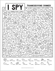 i spy thanksgiving dinner coloring page with words and pictures to color on the front cover