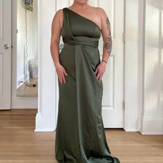 Purchased This At Nordstrom Rack As A Bridesmaids Dress And Just Went With Another Option. Only Worn To Try On, But Did Notice A Small Stain On The Back (Didn’t Notice This When I Bought It). But Tag Says This Is Machine Washable! I Am 5’1” And 150 Lbs, Apple Shape With Broad Shoulders I Have Shapewear On In These Photos. I Am Usually A Size 10-12 For Fit Reference! One-shoulder Green Bridesmaid Dress, Green One-shoulder Bridesmaid Dress, Fitted Sleeveless Nordstrom Dress, Nordstrom Fitted Sleeveless Dress, Elegant Fitted Nordstrom Dress, Olive Green Formal Dress, Green Formal Dress, Green Formal Dresses, Colorful Dresses Formal