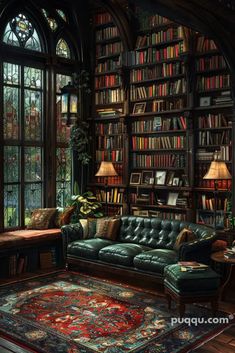 a living room filled with lots of furniture and bookshelves next to a large window