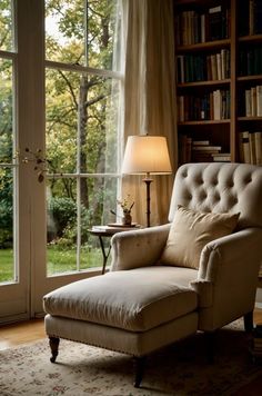 a chair sitting in front of a window next to a lamp