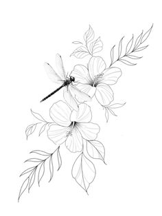 a black and white drawing of flowers with a dragonfly sitting on it's back