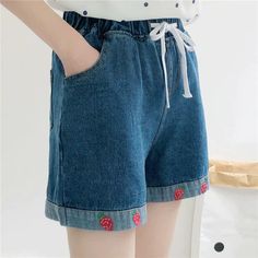 Cute Strawberry Embroidery Denim Shorts Jeans – Nada Outfit Land Strawberry Embroidery, Cute Denim Shorts, Embroidery Cute, Embroidery Denim, Cute Strawberry, Shorts Jeans, Jeans For Sale, Hip Length, Short Pants