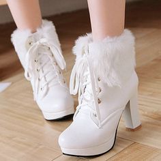 High Heel Boots Pink White Black Faux Fur on Storenvy Winter High Heel Shoes, Cute High Heel Boots, Cute Boot Heels, Pretty Shoes For Women, Cute White Boots, Girly Shoes Boots, Quinceanera Shoes, Pretty Heels, Cute High Heels