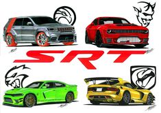 three different colored cars with the word srt on them