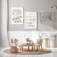 two pictures hanging on the wall above a table and chairs in a child's room