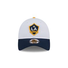 the la galaxy white and blue team logo hat is shown with an embroidered patch on the side