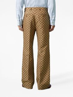 Gucci Cotton Trousers, Gucci Cotton Pants With Pockets, Designer Fitted Bottoms With Belt Loops, Luxury Cotton Bottoms For Workwear, Designer Fitted Straight Pants, Luxury Cotton Bottoms For Work, Luxury Cotton Workwear Bottoms, Gucci Formal Pants, Fitted Beige Pants With Patch Pockets