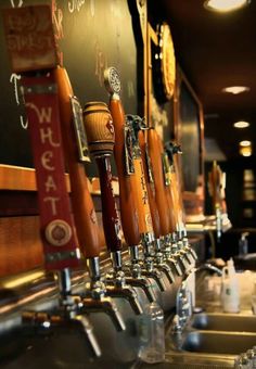 a row of beer taps sitting next to each other